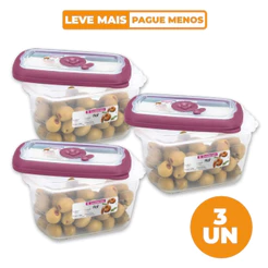 Kit 3 Potes Plásticos Retangulares Herméticos Açaí 700ml Flor Sanremo