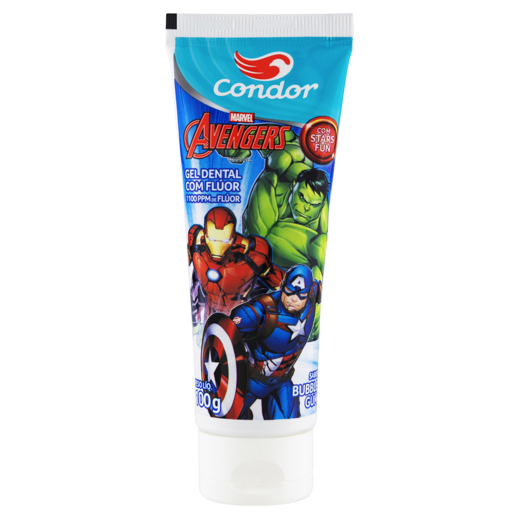 Gel Dental Infantil com Flúor Bubble Gum com Stars Fun Avengers Condor Bisnaga 100g