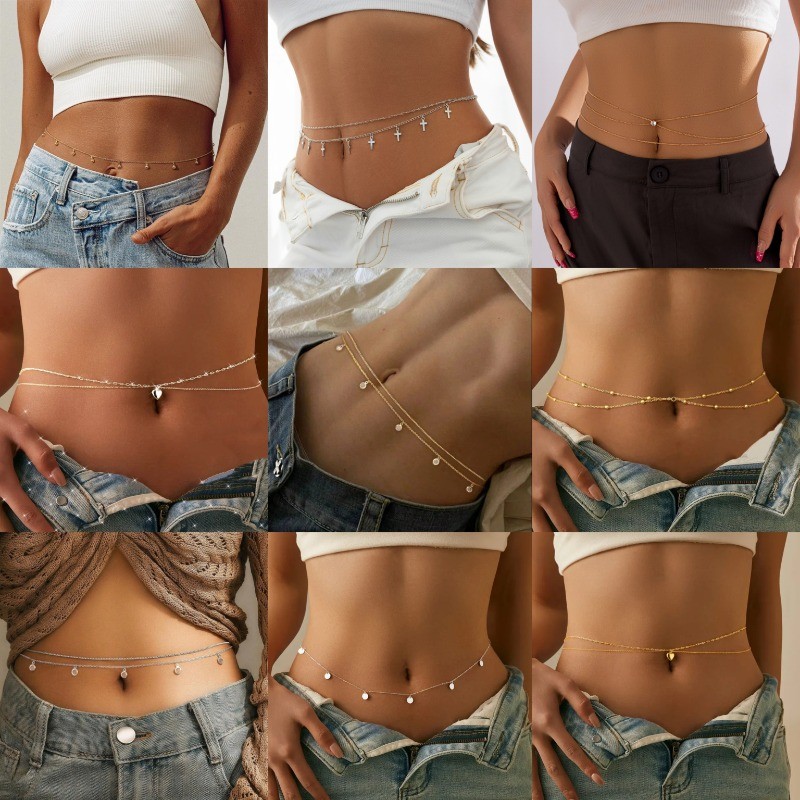 Verão Sexy Dupla Camada Corpo Correntes Jóias Para Mulheres Moda Circular Lantejoulas Pingente Cintura Corrente em Oferta na Shopee