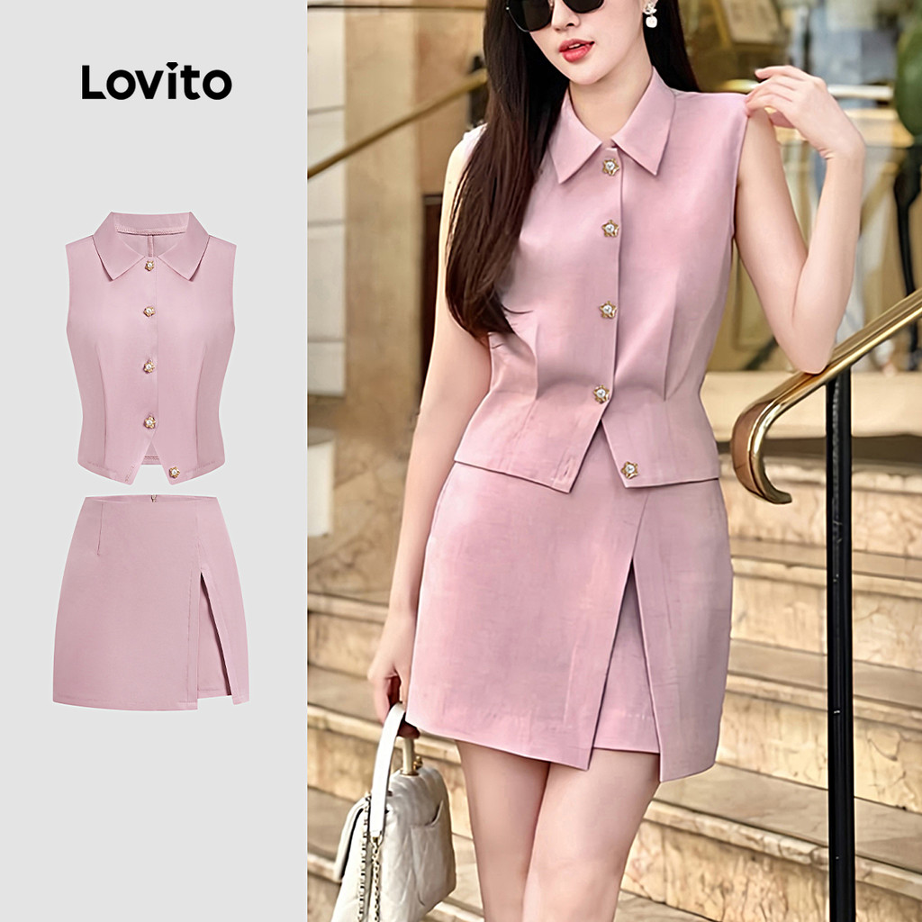 Lovito Conjuntos casuais de Shorts plissados lisos para mulheres L128ED388 - Women Clothes