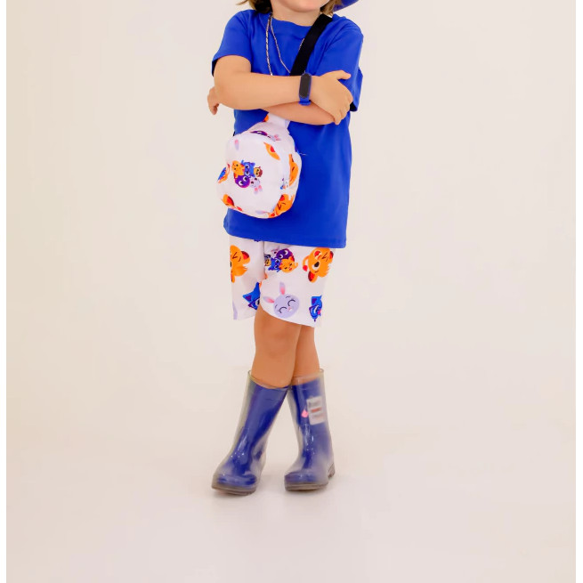 CONJUNTO INFANTIL MENINO TEMÁTICO BOLOFOFOS CAMISA,SHORT E BOLSA.