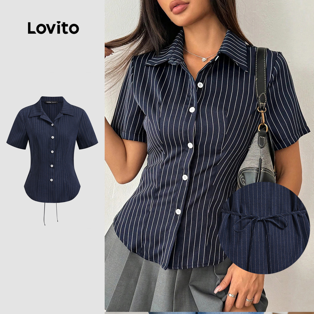 Lovito Blusa Elegante Listrada Com Botão Frontal Redondo Blusa De Verão/Primavera Para Mulheres LBL23387 - Women Clothes