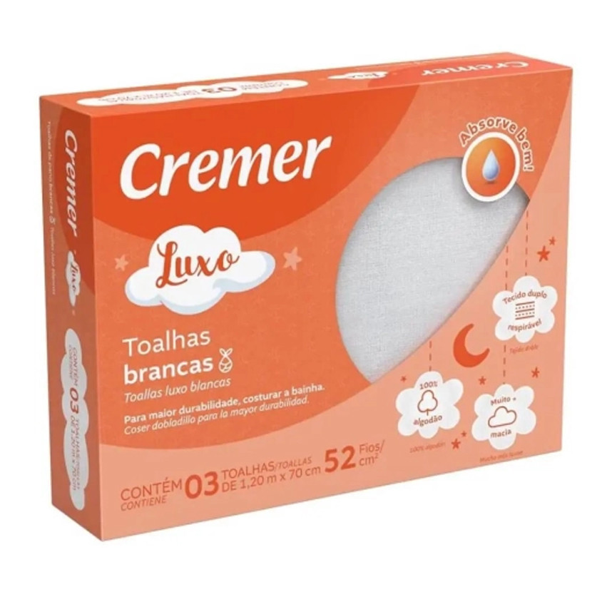 Kit Toalha Fralda Cremer Luxo Com 03 Unidades 120x70cm Branca em Oferta na Shopee