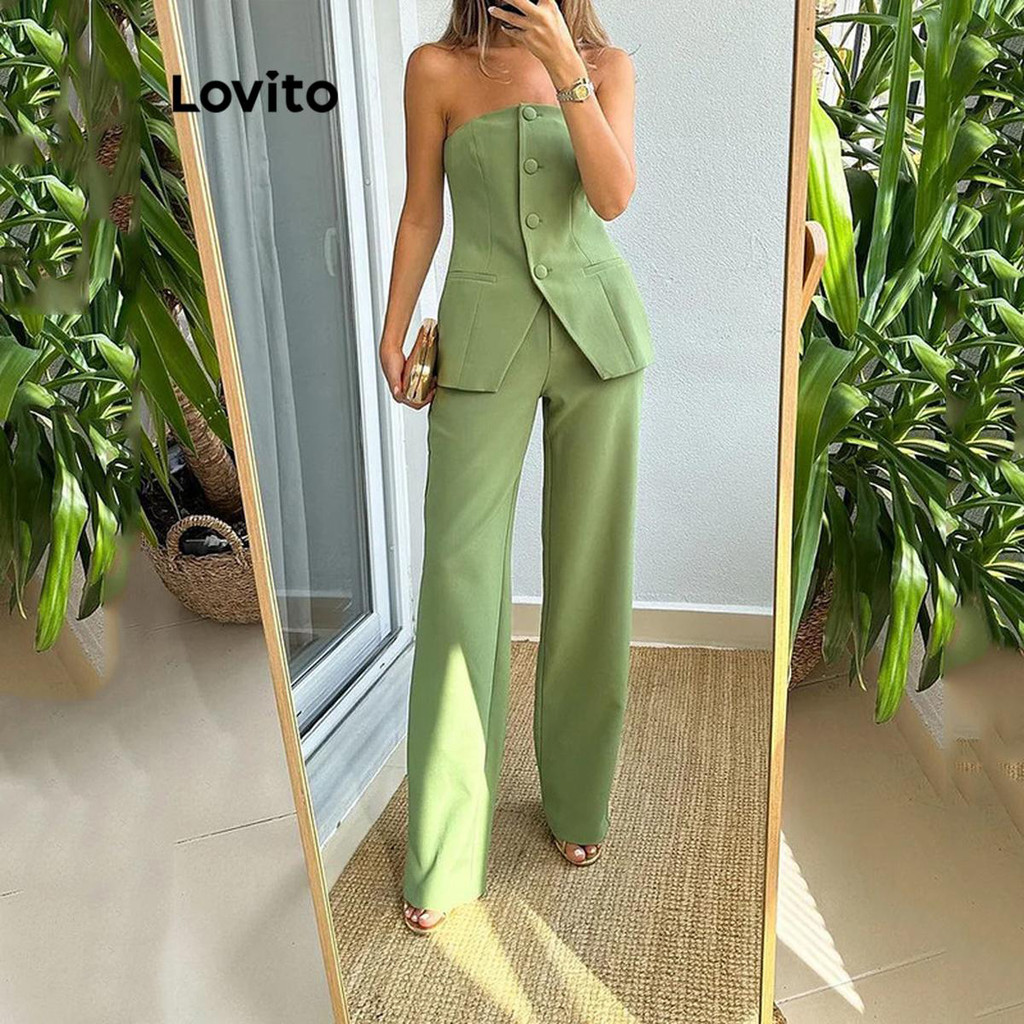 Lovito Elegante Conjunto Feminino com Calça Lisa com Botão e Fenda Frontal LNL40078