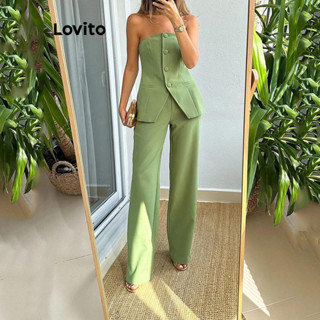 Lovito Elegante Conjunto Feminino com Calça Lisa com Botão e Fenda Frontal LNL40078