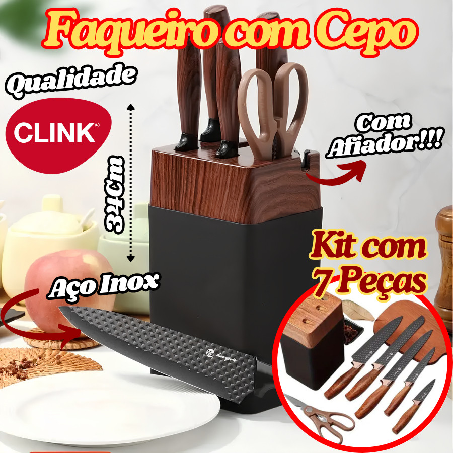 Faqueiro Com Cepo Clink 7 Peças Facas De Aço Inox E Tesoura Suporte Com Afiador Luxo De Co...