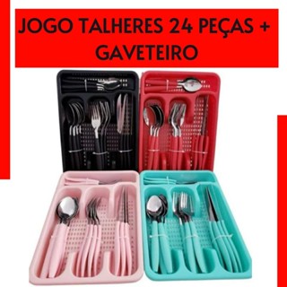 Jogo de Talheres 24 Peças Premium Aço Inox + Suporte Gaveteiro+ZemMart+ em Oferta na Shopee