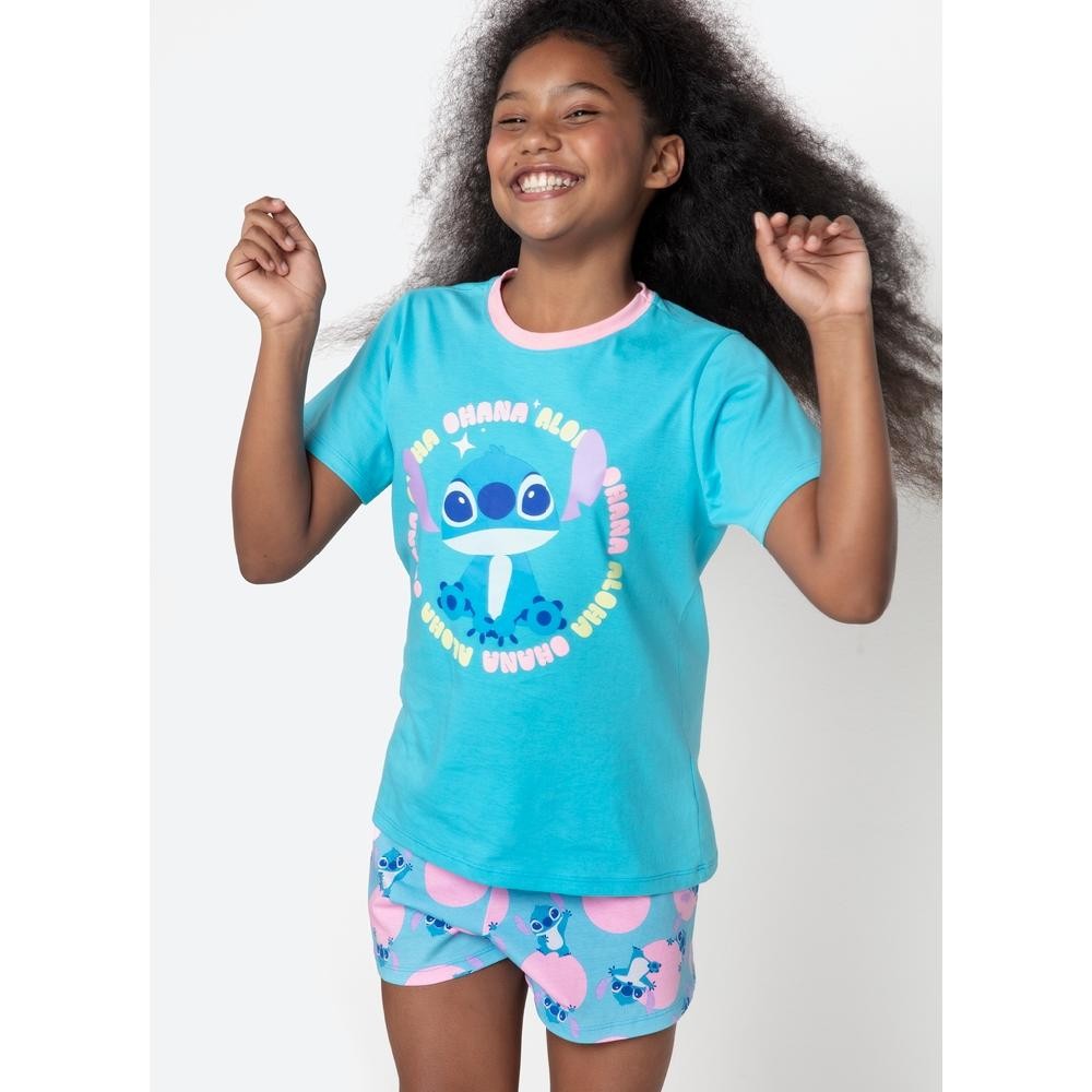 Pijama Manga Curta Algodão Menina Teen Stitch - Puket em Oferta na Shopee