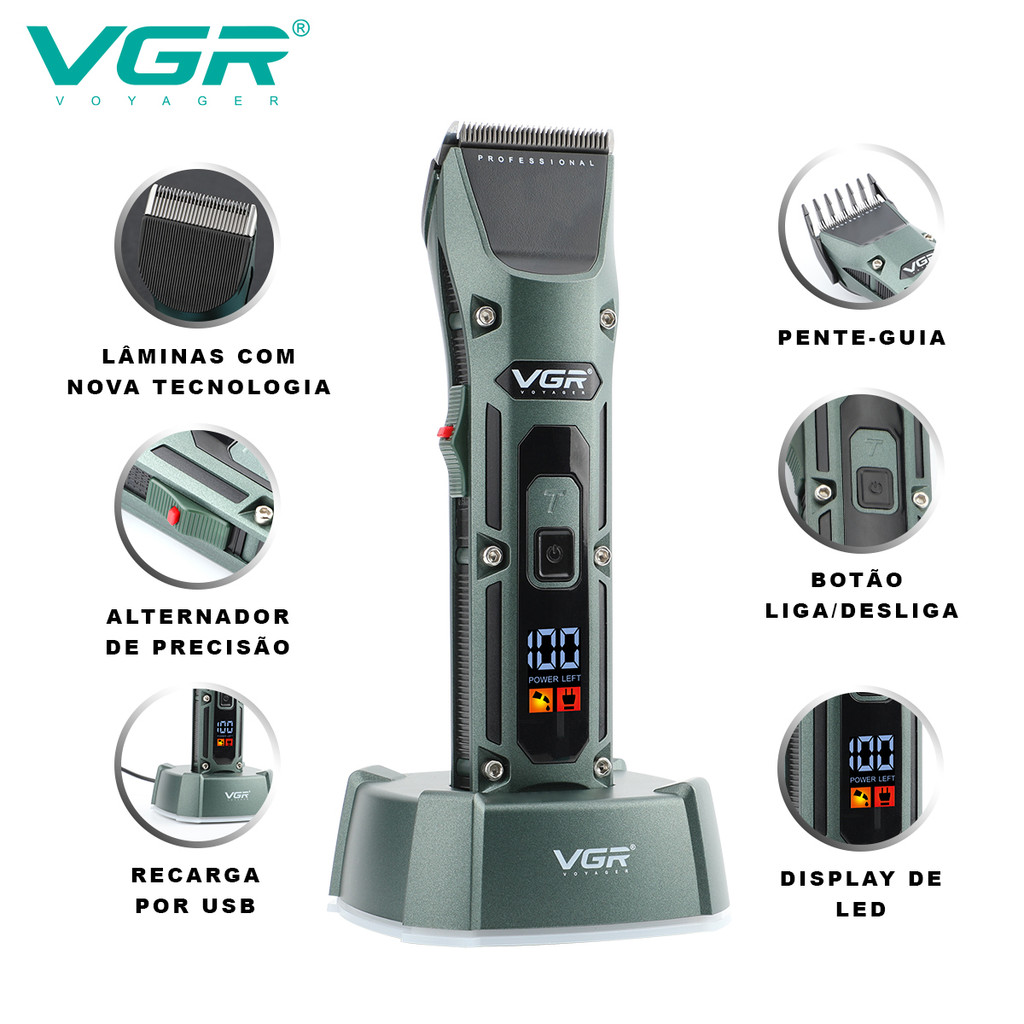 Máquina de Cortar Cabelo Profissional VGR V-696 Aparador de Pelos Sem Fio Visor Digital Barbeiros - Beauty