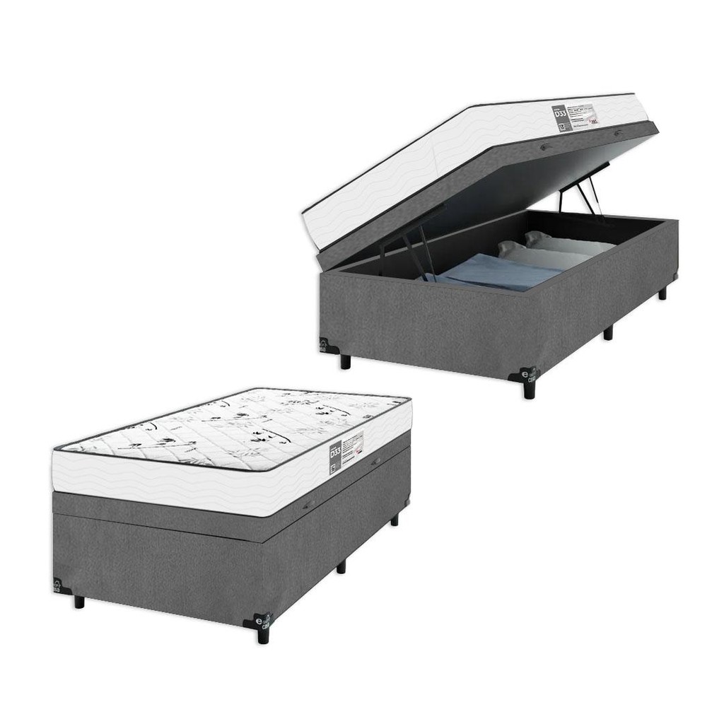 Baú Solteiro Suede Cinza + Colchão D33 One Face Branco- e-Shop Casa