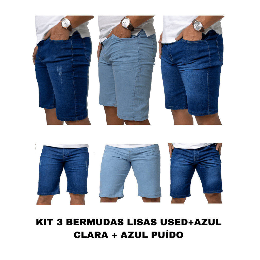 Kit 3 Bermuda Masculina Jeans C Elastano Azul Clara + Azul Puído +Azul USED - Shorts Jeans Masculino Promoção Abril
