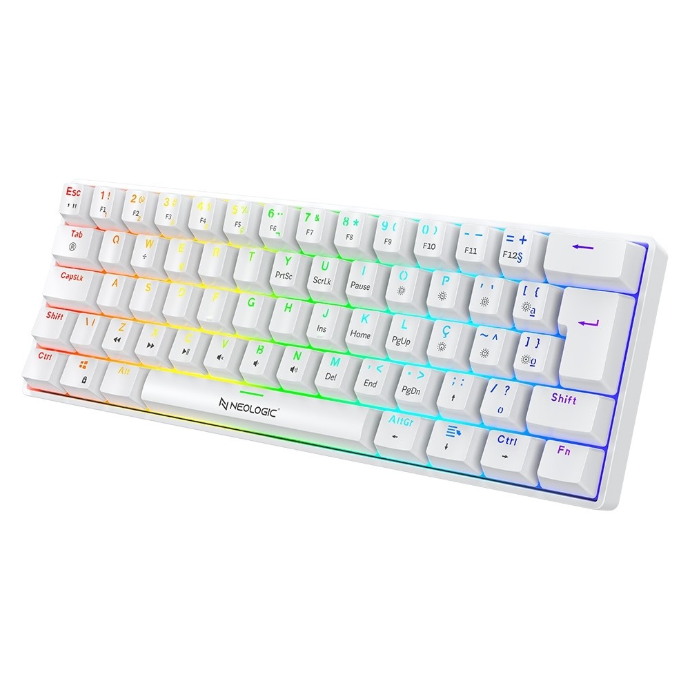 TECLADO GAMER MECÂNICO NEOLOGIC PRECISION PRO POLAR 60% RGB HOT SWAP 61 TECLAS SWITCH RED BRANCO CABO TIPO C PROPLR-RED