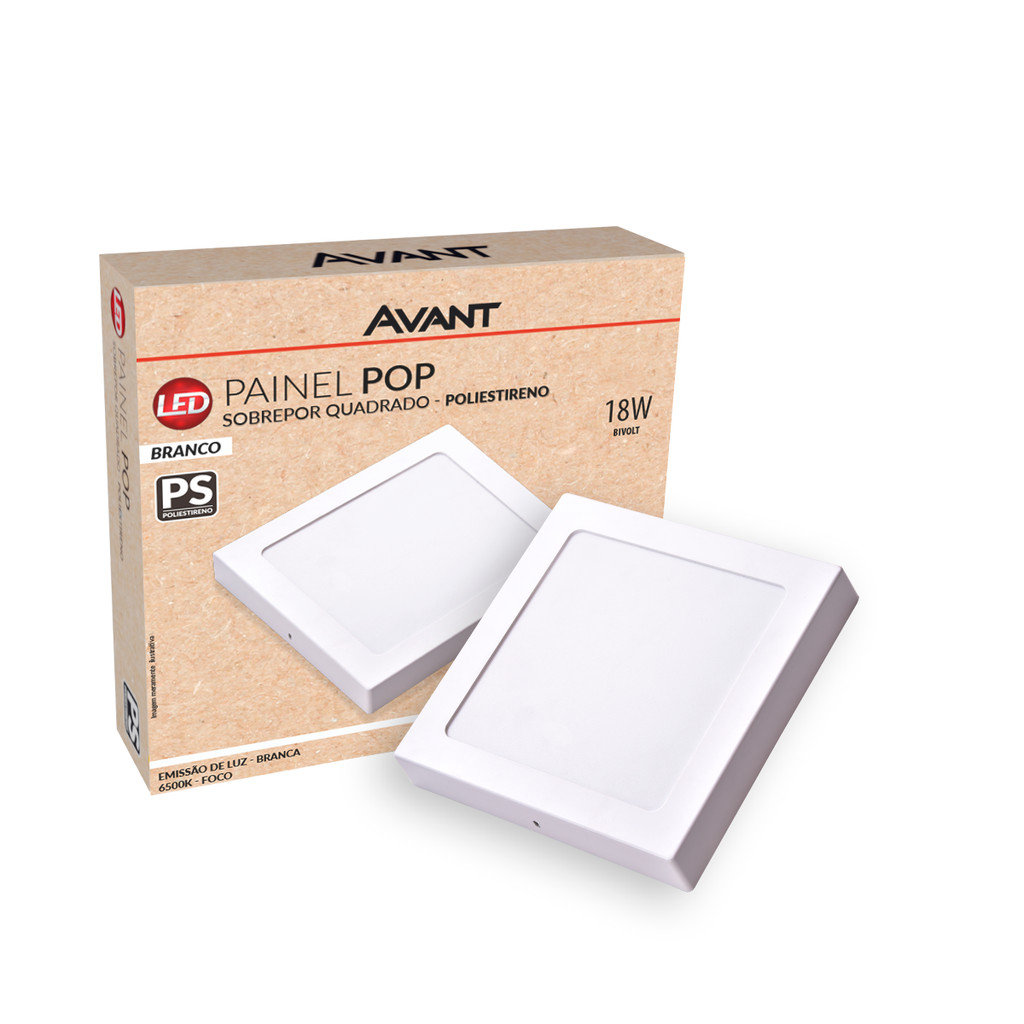 Painel led Plafon Pop Sobrepor 18w 6500k Branco Frio 22cm 110v/220v Bivolt Ip20 Quadrado Branco Cod:903031372 Avant