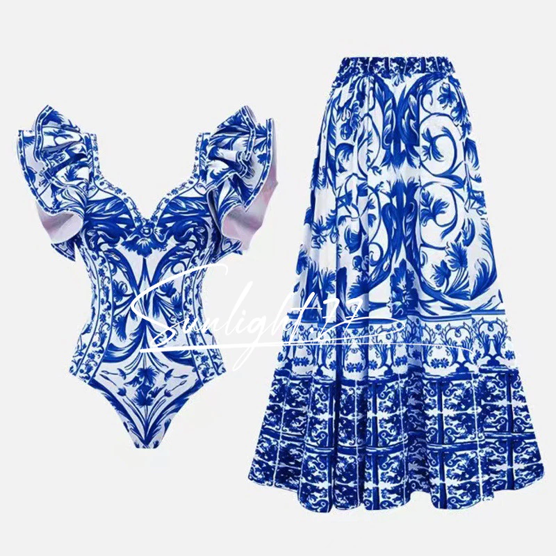 Maiô Feminino Estilo Porcelana Azul e Branco com Saída de Praia Longa - Conjunto Moda Praia Biquíni Verão 2026 — imagem 1