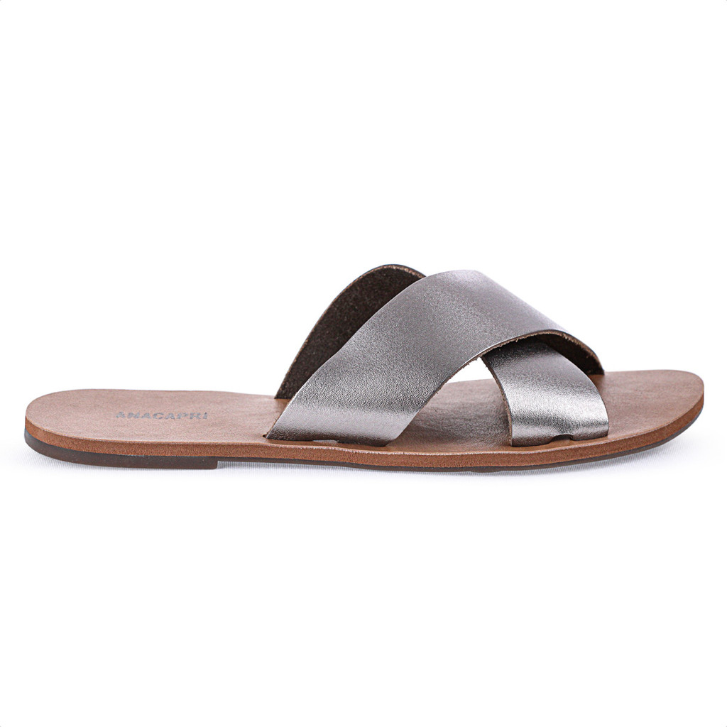 Rasteira Anacapri Couro Tiras Cruzadas Grafite e Marrom - Feminino em Oferta na Shopee