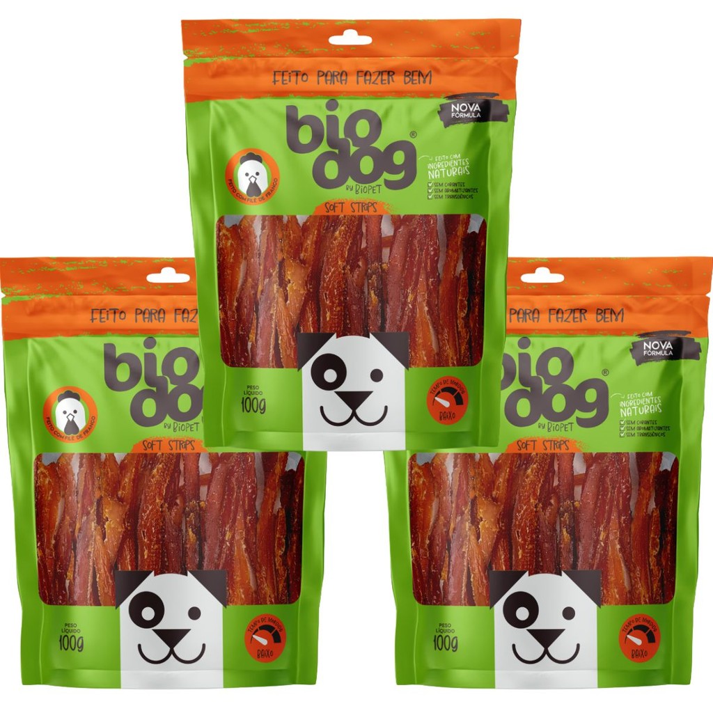 Kit 3x Petisco Natural Snack para Cães Biodog Gourmet Soft Strips - Frango