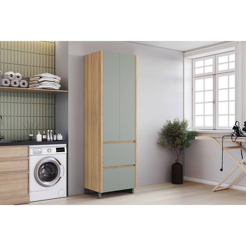 Armário Multiuso Lavanderia Marquesa c/ 2 Portas e 2 Gavetas 70cm Nature/Verde - Nesher em Oferta na Shopee