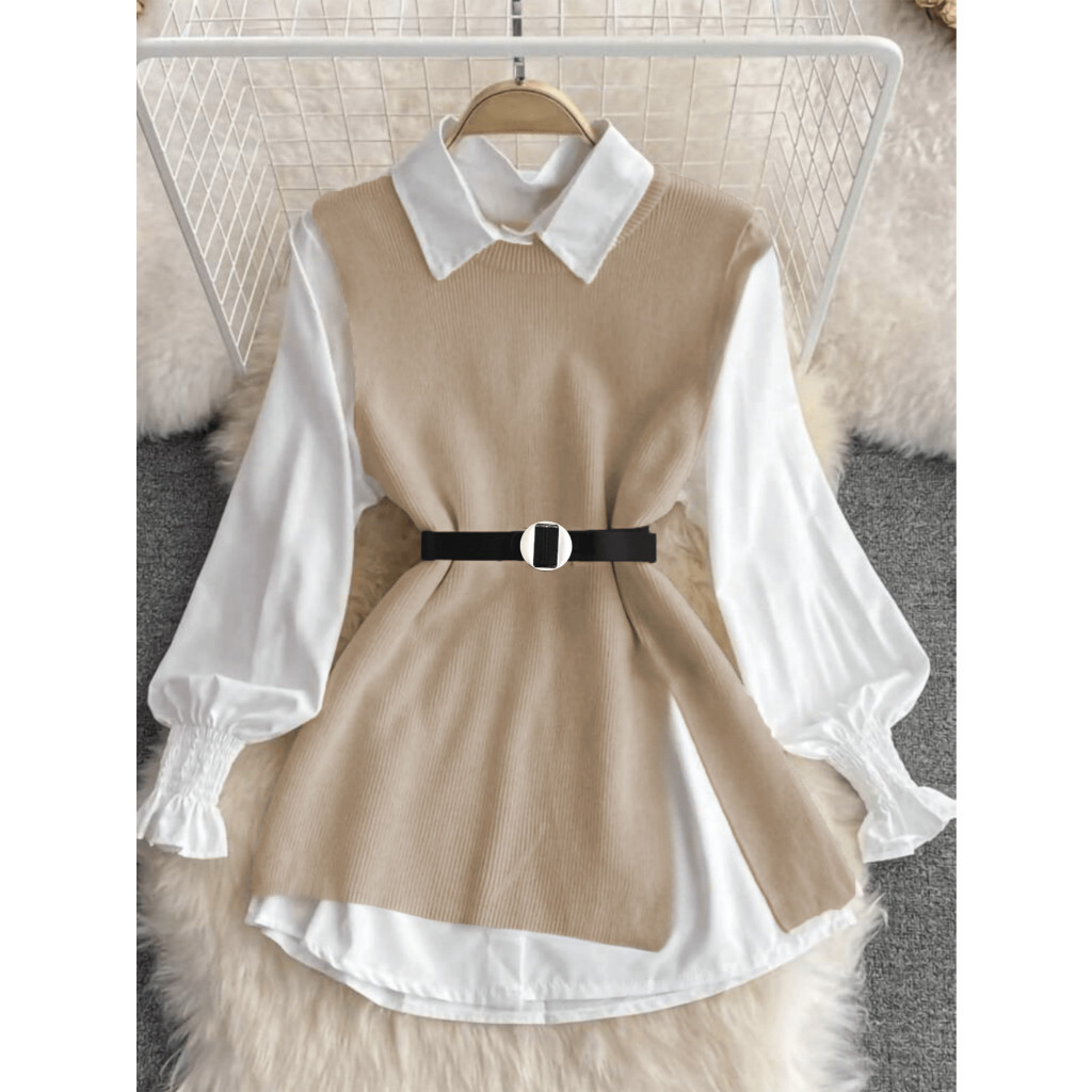 Liu Fashion 2 peças/Conjunto Colete Com Manga De Lanterna Branca de Primavera e Colete De Malha De Ajuste Solto