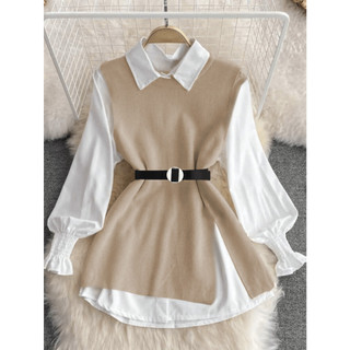 Liu Fashion 2 peças/Conjunto Colete Com Manga De Lanterna Branca de Primavera e Colete De Malha De Ajuste Solto
