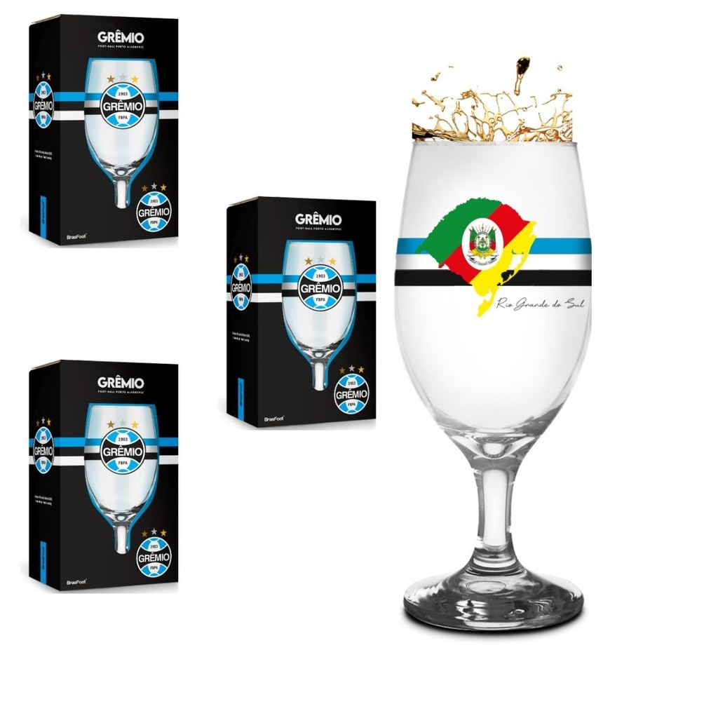 Kit 3Un Taça Tulipa Windsor Vidro 330ml Cerveja Vinho Chopp Time Grêmio Oficial Rio Grande do Sul