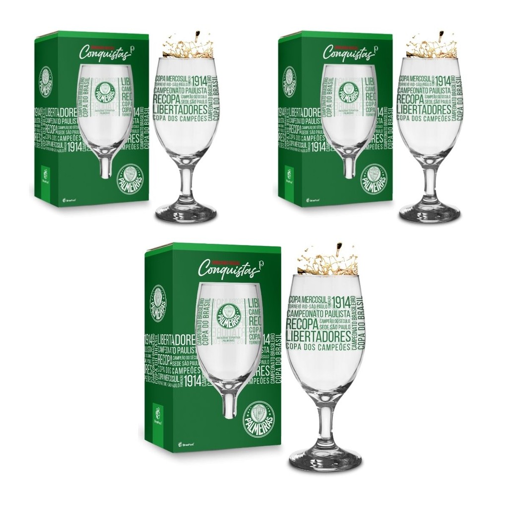 Kit 3Un Taça Tulipa Windsor Vidro 330ml Cerveja Vinho Chopp Time Palmeiras Edição Títulos Oficial