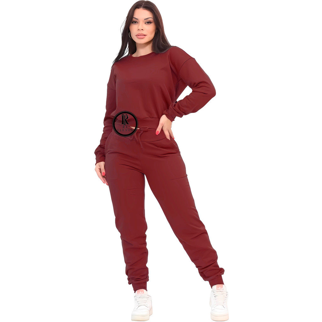 Conjunto Moletom Feminino Gola Careca Liso  Blusa De Frio Blusa + Calça Moletom