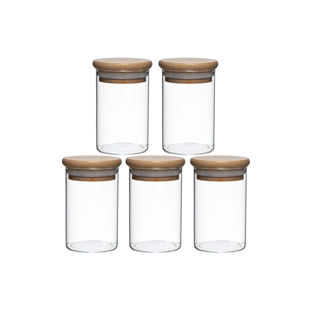 Kit 5 Pote Porta Temperos Mantimentos 110ml Design Versátil Tampa De Bambu Hermético
