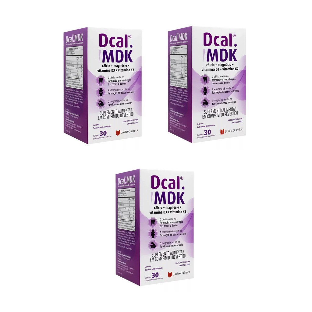 Kit 3 Suplemento Dcal Mdk Cálcio Magnésio Vitamina D3 30cps