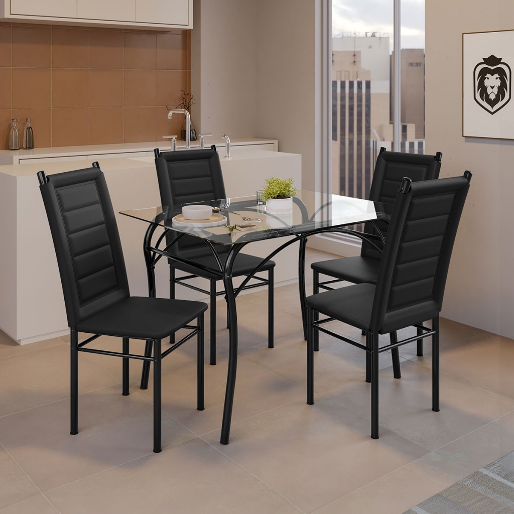 Mesa de Jantar 4 Lugares Lion Tokio com Vidro Preto - Art Panta em Oferta na Shopee