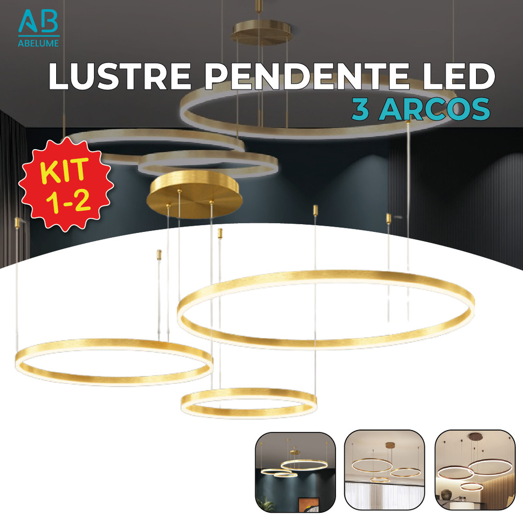 Pendente Lustre Led 3 Anéis Arco de Ouro Luxo Moderno 3 Cores de Luz Luminária Suspensa Bivolt em Oferta na Shopee