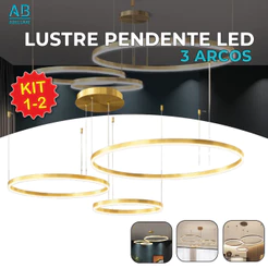 Pendente Lustre Led 3 Anéis Arco de Ouro Luxo Moderno 3 Cores de Luz Luminária Suspensa Bivolt