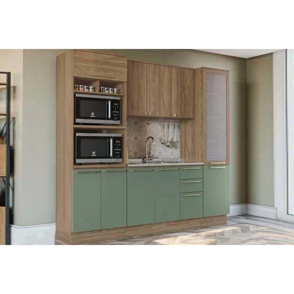 Cozinha Completa Botanic 4 Peças (1 Armário + 1 Balcão + 2 Paneleiros) M647 Nogueira/Verde Oliva - Kappesberg em Oferta na Shopee