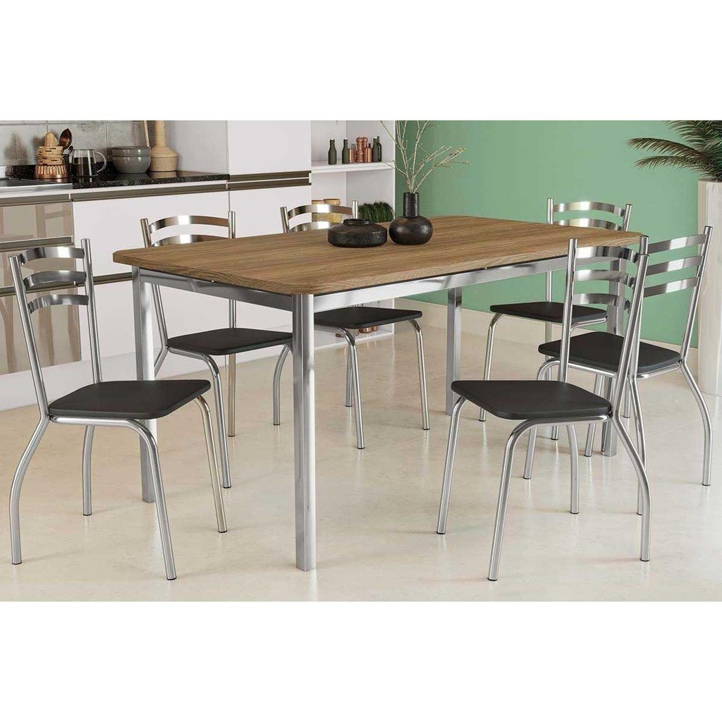 Mesa de Sala Jantar Reno c/ Tampo Madeira 160cm + 6 Cadeiras Portugal Cromada - Assento Preto 110 - Kappesberg em Oferta na Shopee
