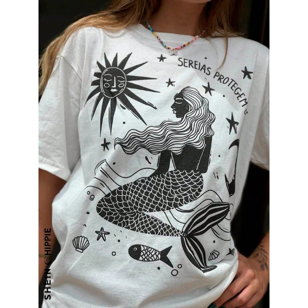 Camiseta Unissex Masculina e Feminina 2025 Novo  Sereias Protegem o Mar - Creme blusa  camiseta academia camiseta anime 