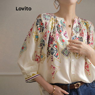 Lovito Blusa Casual com Estampa Tribal e Drapeado para Mulheres LNA17130 (Branco) em Oferta na Shopee