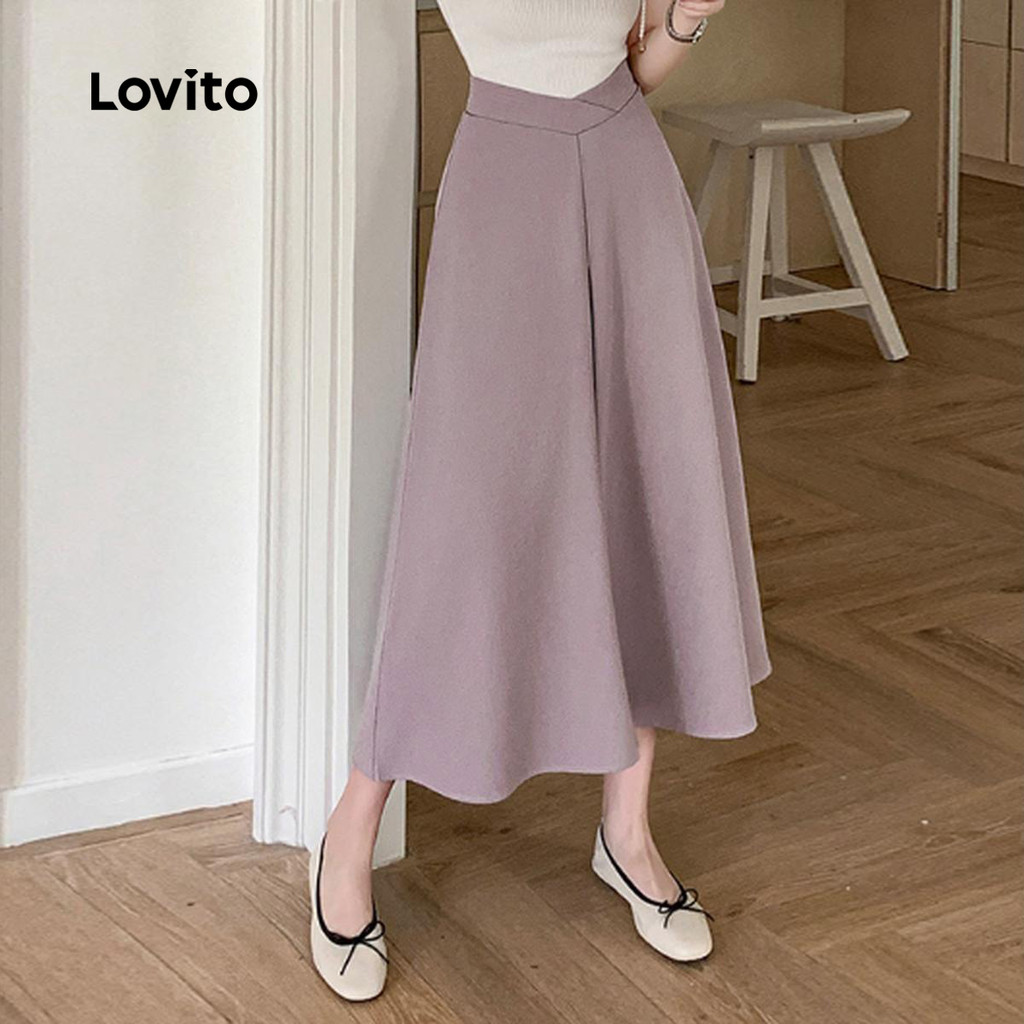 Lovito Saia Casual lisa assimétrica para mulheres LNE100075 - Women Clothes
