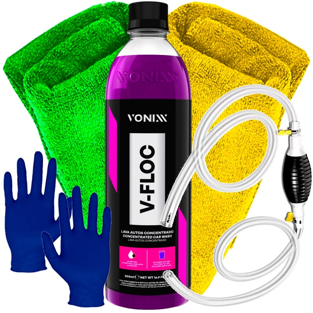 Kit Limpeza Automotiva Shampoo V-Floc Vonixx Bomba Sucção Combustível Luva Nitrílica Toalha Microfibra Karbox Oferta