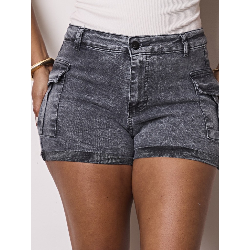 Short Cargo  Feminino Jeans Cintura Alta Levanta Bumbum Com Lycra Bolso Na Lateral Moda em Oferta na Shopee