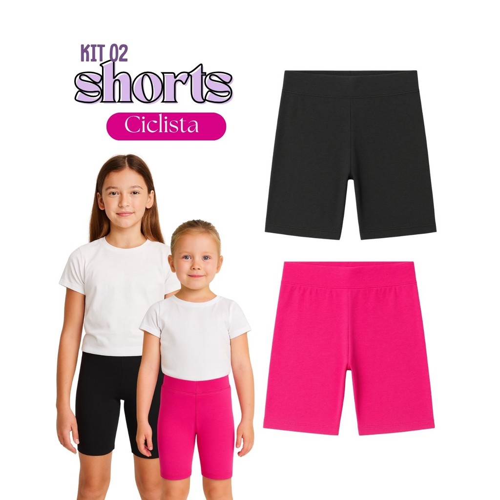 Kit 2 Shorts Menina Ciclista básico Infantil Juvenil Roupa Verão Feminina Algodão + Cotton Tam 4-10