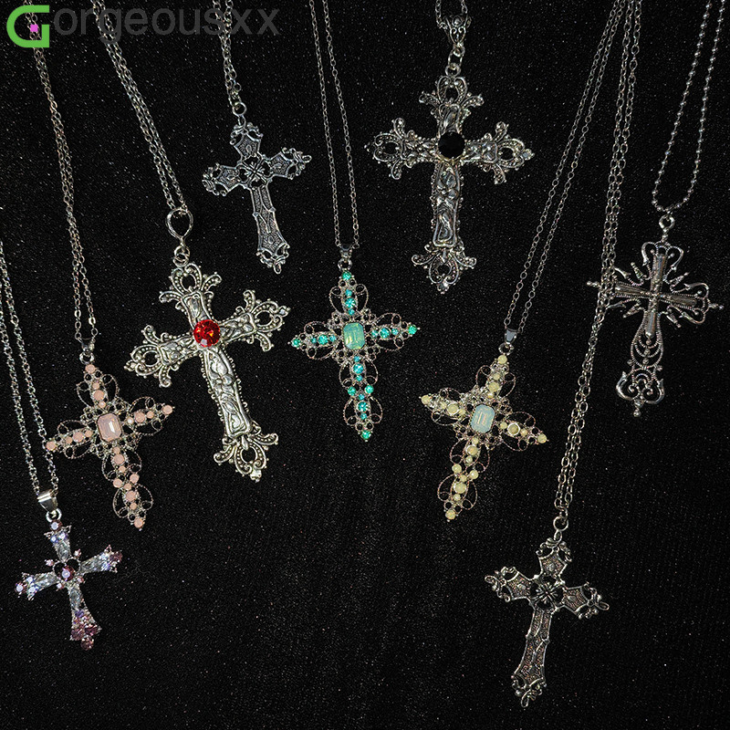 Gótico Grande Zircão Cruz Colar Unissex Y2K Irregular Goth Pingente Colares Jóias Femininas em Oferta na Shopee