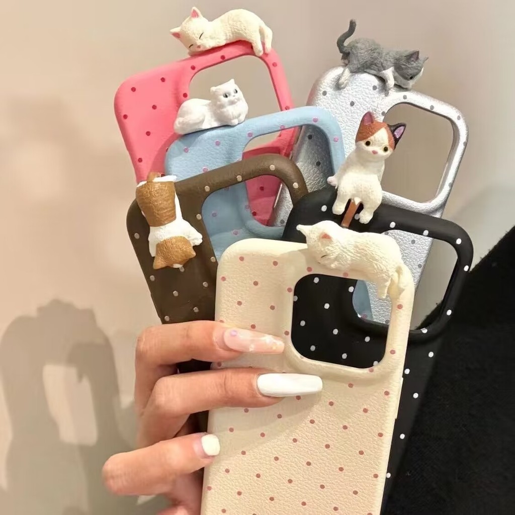 Desenhos Animados 3D DIY Gato Caso Para iPhone 16e 15 14 13 12 11 Pro Max X XS XR Deitar Gatinho Textura De Couro Capa