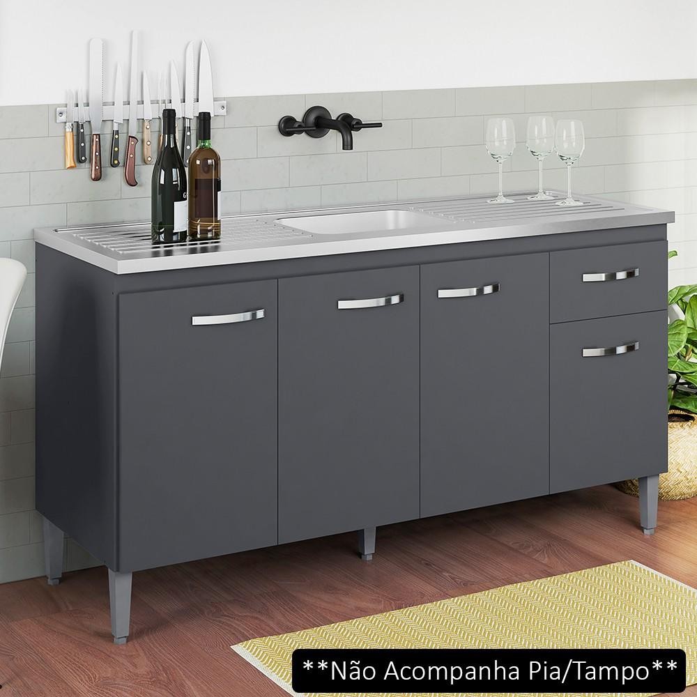 Balcão Gabinete Para Pia Sem Tampo 150cm 4 Portas e 1 Gaveta Gabriela Cinza - AJL Móveis - Home & Living