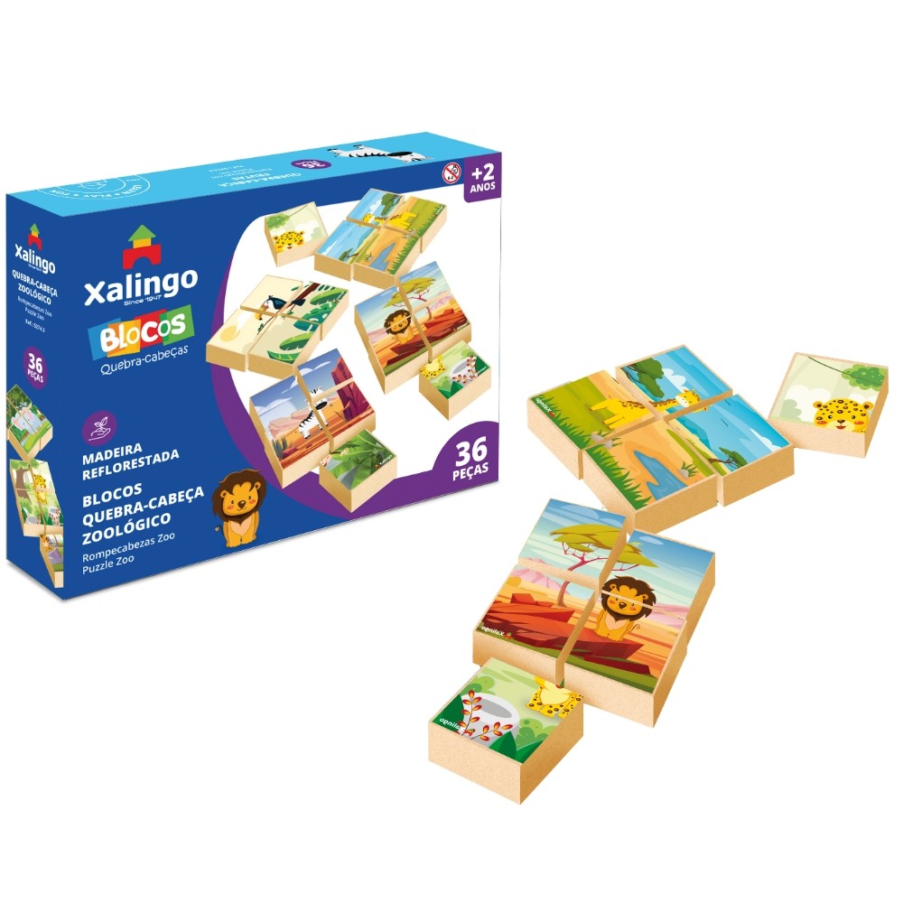 JOGO BLOCO DE MONTAR QUEBRA CABEÇA ZOOLÓGICO 36 PEÇAS MADEIRA REFLORESTADA XALINGO RACIOCÍNIO LÓGICO em Oferta na Shopee