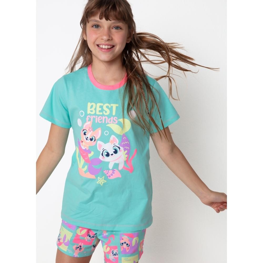 Pijama Manga Curta Algodão Menina Teen Pet Sereia - Puket em Oferta na Shopee