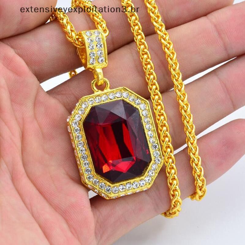 EEBR Incrustado Diamante Quadrado Rubi Colar Hip Hop Pingente Masculino Pedra Vermelha Vintage Jóias Acessórios De Fanta