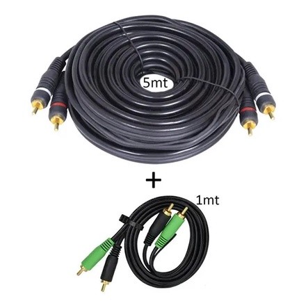 Conjunto Cabo RCA Emborrachado Techone: 1 de 5m + 1 de 1m para Som Automotivo