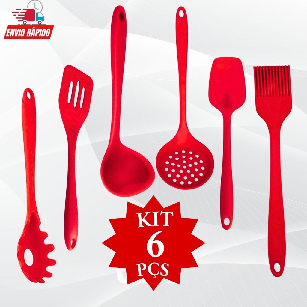 Kit 6 Silicone Cozinha Pegador d Massas Espátula Vazada Espátula Lisa Concha Escumadeira e Pincel