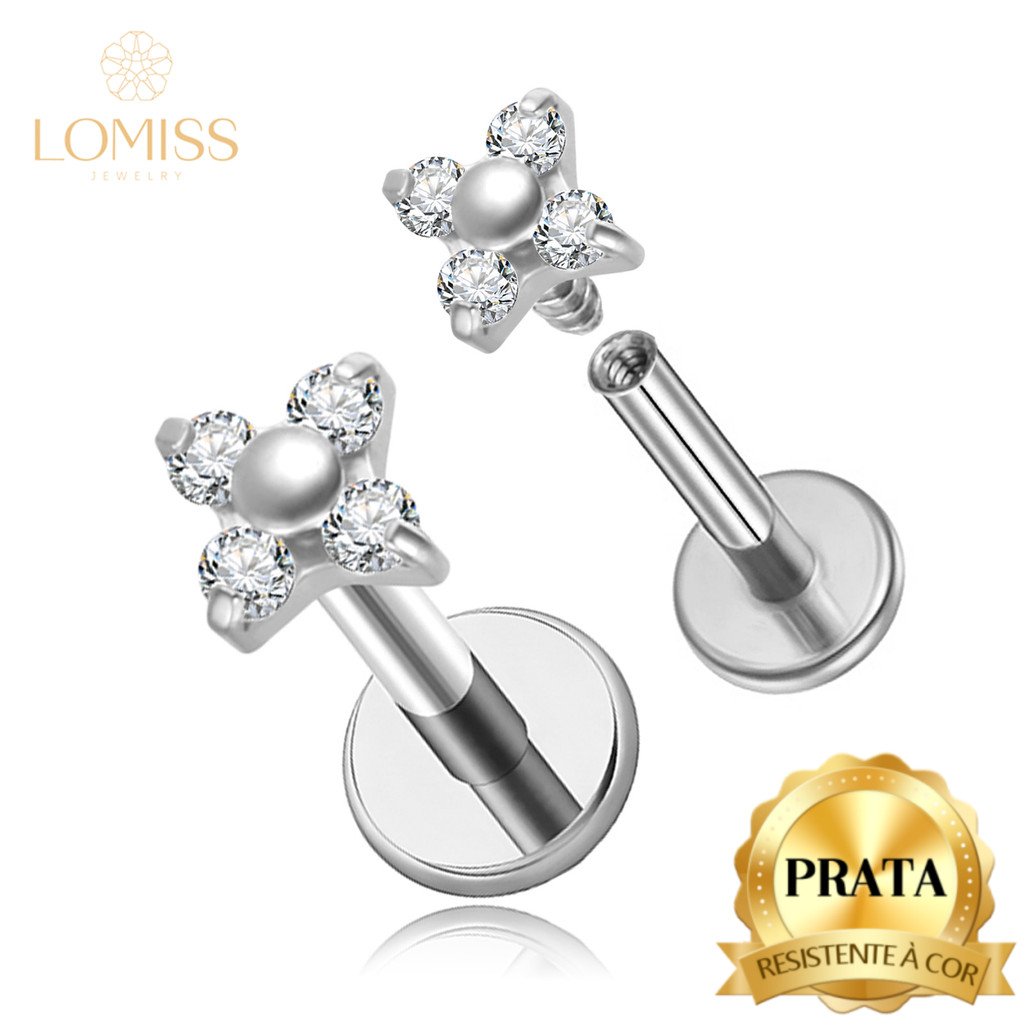 LOMISS Piercing Labret Prata 925 Flor Zircônia Cravejada Piercing Daith Tragus Helix Conch Labret em Oferta na Shopee