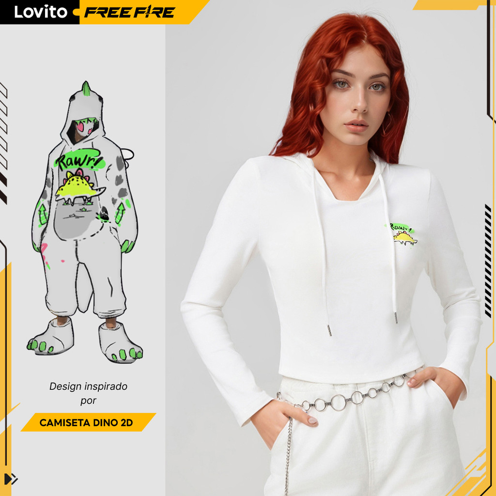 Lovito x Free Fire CAMISETA DINO 2D Camiseta feminina com estampa e manga comprida LFFB1004