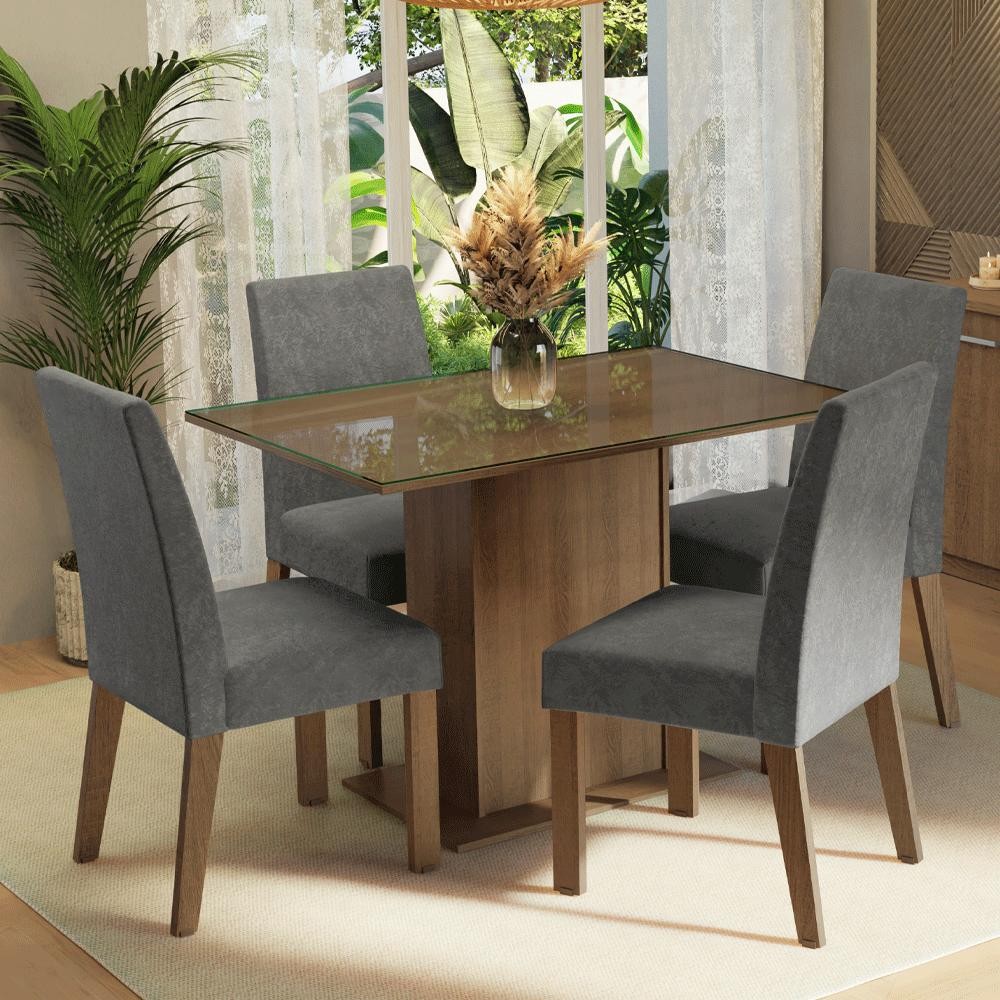 Conjunto Sala de Jantar Mesa Tampo de Vidro 4 Cadeiras Rustic/Silver Zion Madesa em Oferta na Shopee